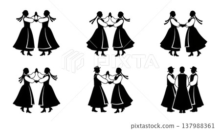 Black Solid Folk Dancer Silhouettes Set of Six on White Background Black Solid Folk Dancer Silhouettes Set of Six on White Background 137988361