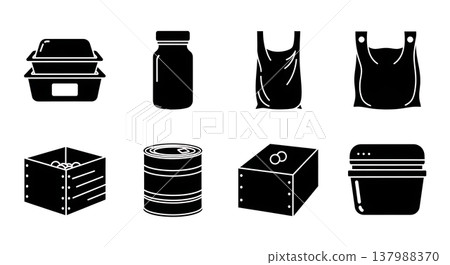 Black Solid Kitchen Food Storage Silhouettes Set of Six on White Background 137988370