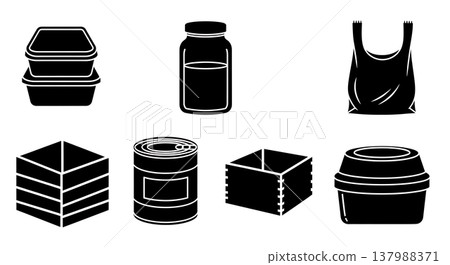 Black Solid Kitchen Food Storage Silhouettes Set of Six on White Background Black Solid Kitchen Food Storage Silhouettes Set of Six on White Background 137988371