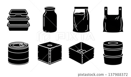 Black Solid Kitchen Food Storage Silhouettes Set of Six on White Background 137988372