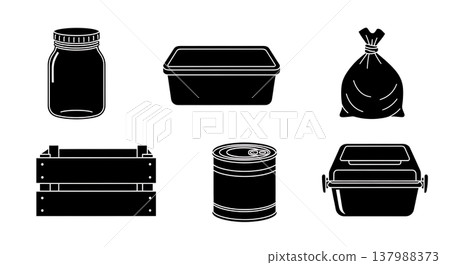 Black Solid Kitchen Food Storage Silhouettes Set of Six on White Background 137988373