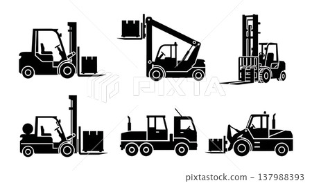 Black Solid Forklifts and Warehouse Material Handlers Silhouettes Set of Six on White Background Black Solid Forklifts and Warehouse Material Handlers Silhouettes Set of Six on White Background 137988393