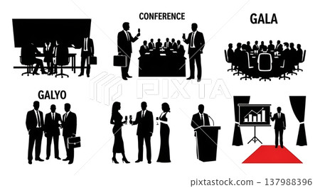 Black Solid Formal Attire Silhouettes Set of Six on White Background 137988396