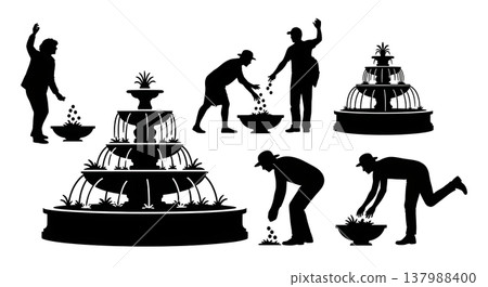 Black Solid Fountain Tourist Silhouettes Set of Six on White Background 137988400