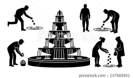 Black Solid Fountain Tourist Silhouettes Set of Six on White Background 137988401