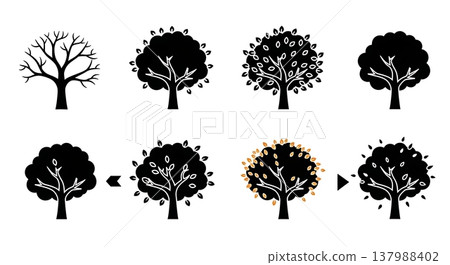 Set of Six Black Solid Four Seasons Tree Cycle Silhouettes Set of Six Black Solid Four Seasons Tree Cycle Silhouettes 137988402