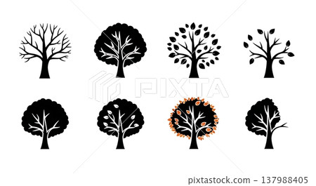 Set of Six Black Solid Four Seasons Tree Cycle Silhouettes Set of Six Black Solid Four Seasons Tree Cycle Silhouettes 137988405