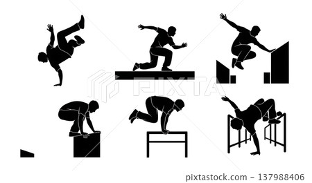 Black Solid Freerunning Tricks Silhouettes Set of Six on White Background Black Solid Freerunning Tricks Silhouettes Set of Six on White Background 137988406