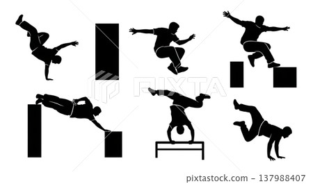 Black Solid Freerunning Tricks Silhouettes Set of Six on White Background Black Solid Freerunning Tricks Silhouettes Set of Six on White Background 137988407