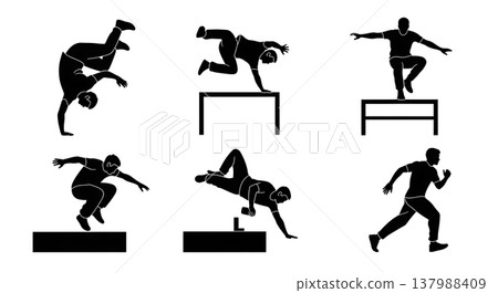 Black Solid Freerunning Tricks Silhouettes Set of Six on White Background 137988409
