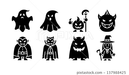 Black Solid Cute and Friendly Halloween Monster Silhouettes 137988425