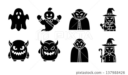 Black Solid Cute and Friendly Halloween Monster Silhouettes 137988426
