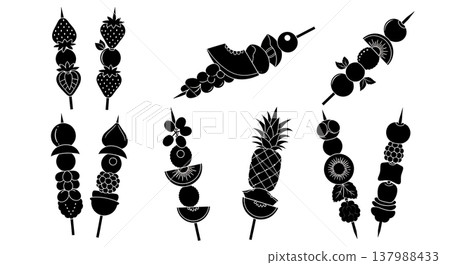 Black Solid Fruit Skewers Silhouettes Set of Six on White Background 137988433