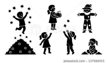 Black Solid Children in Autumn Activities Silhouette Collection 137988455