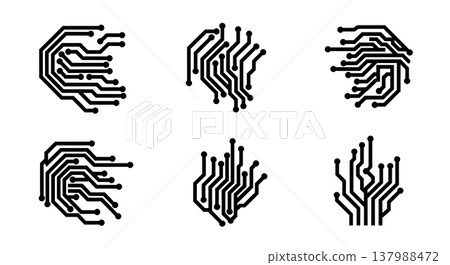Black Solid Circuit Trace Silhouettes Set of Six on White Background Black Solid Circuit Trace Silhouettes Set of Six on White Background 137988472