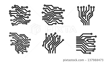 Black Solid Circuit Trace Silhouettes Set of Six on White Background 137988473