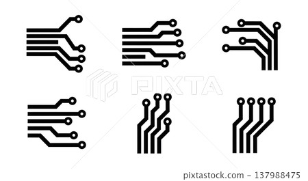 Black Solid Circuit Trace Silhouettes Set of Six on White Background Black Solid Circuit Trace Silhouettes Set of Six on White Background 137988475