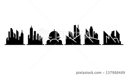 Black Solid City Skyline Silhouettes Set of Six on White Background 137988489