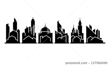 Black Solid City Skyline Silhouettes Set of Six on White Background 137988490