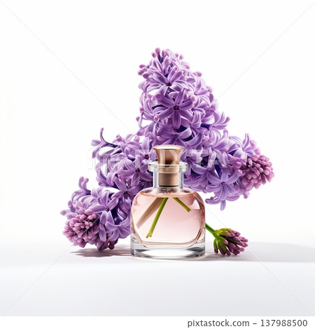 Elegant Clear Round Glass Perfume Bottle with Gold Cap and Purple Floral Design on White Background Elegant Clear Round Glass Perfume Bottle with Gold Cap and Purple Floral Design on White Background 137988500