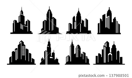 Black Solid City Tower Silhouettes Set of Six on White Background Black Solid City Tower Silhouettes Set of Six on White Background 137988501
