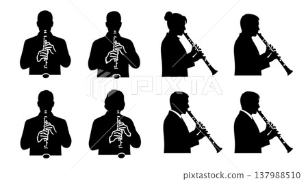Black Solid Clarinetist Silhouettes Set of Six on White Background 137988510