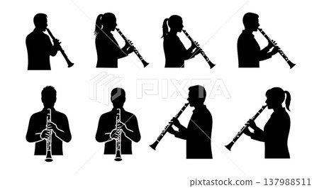 Black Solid Clarinetist Silhouettes Set of Six on White Background Black Solid Clarinetist Silhouettes Set of Six on White Background 137988511