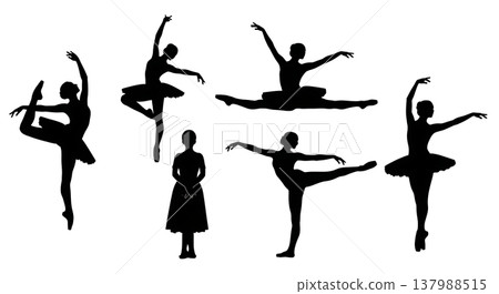 Black Solid Classical Ballet Dancer Silhouettes Set of Six on White Background Black Solid Classical Ballet Dancer Silhouettes Set of Six on White Background 137988515