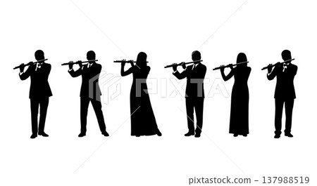 Black Solid Flutist Silhouettes Set of Six on White Background Black Solid Flutist Silhouettes Set of Six on White Background 137988519
