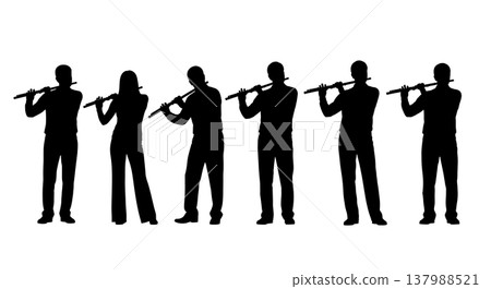 Black Solid Flutist Silhouettes Set of Six on White Background Black Solid Flutist Silhouettes Set of Six on White Background 137988521