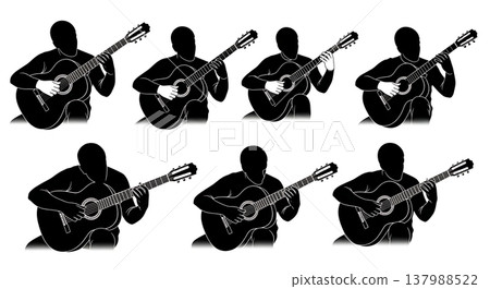 Black Solid Classical Guitarist Silhouettes Set of Six on White Background Black Solid Classical Guitarist Silhouettes Set of Six on White Background 137988522