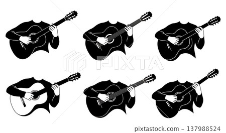Black Solid Classical Guitarist Silhouettes Set of Six on White Background Black Solid Classical Guitarist Silhouettes Set of Six on White Background 137988524