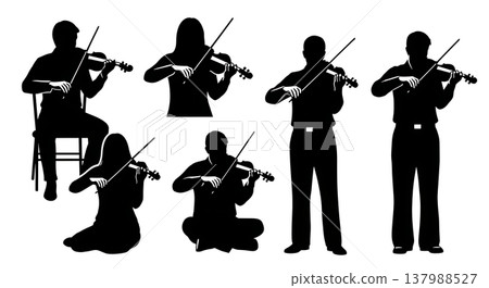 Black Solid Violinist Silhouettes Set of Six on White Background 137988527