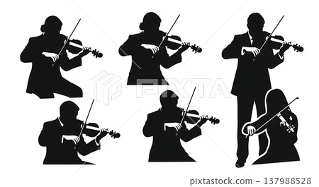 Black Solid Violinist Silhouettes Set of Six on White Background 137988528