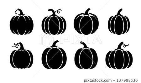Black Solid Classic Pumpkin Shape Silhouettes Collection of Six on White Background 137988530