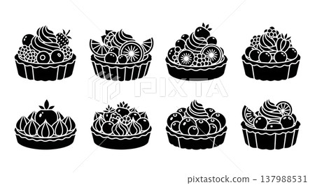 Black Solid Fruit Tarts Silhouettes Set of Six on White Background 137988531