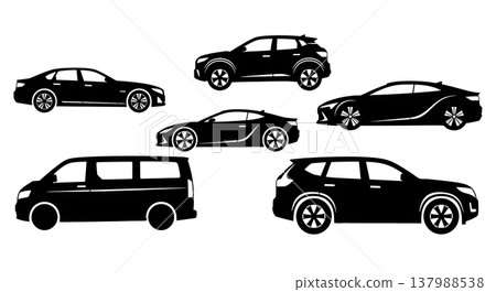 Black Solid Modern Fuel Cell Vehicles and Hydrogen Cars Silhouettes Set of Six on White Background Black Solid Modern Fuel Cell Vehicles and Hydrogen Cars Silhouettes Set of Six on White Background 137988538