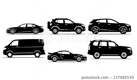 Black Solid Modern Fuel Cell Vehicles and Hydrogen Cars Silhouettes Set of Six on White Background Black Solid Modern Fuel Cell Vehicles and Hydrogen Cars Silhouettes Set of Six on White Background 137988539