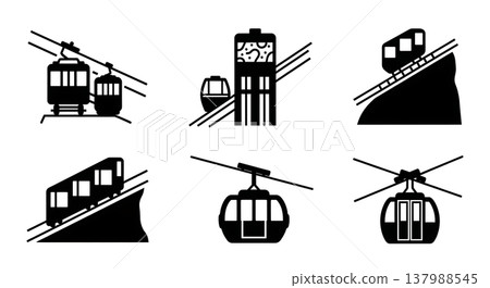 Black Solid Public Funiculars and Inclined Lifts Silhouettes Set of Six on White Background Black Solid Public Funiculars and Inclined Lifts Silhouettes Set of Six on White Background 137988545