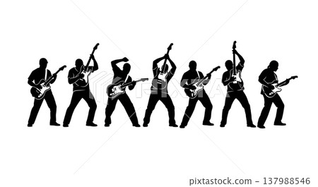 Black Solid Funk Guitarist Silhouettes Set of Six on White Background Black Solid Funk Guitarist Silhouettes Set of Six on White Background 137988546