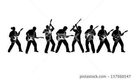 Black Solid Funk Guitarist Silhouettes Set of Six on White Background Black Solid Funk Guitarist Silhouettes Set of Six on White Background 137988547