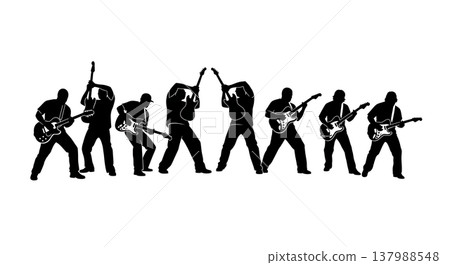 Black Solid Funk Guitarist Silhouettes Set of Six on White Background Black Solid Funk Guitarist Silhouettes Set of Six on White Background 137988548