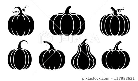 Black Solid Classic Pumpkin Shape Silhouettes Collection of Six on White Background Black Solid Classic Pumpkin Shape Silhouettes Collection of Six on White Background 137988621