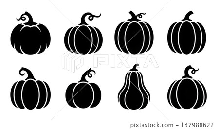 Black Solid Classic Pumpkin Shape Silhouettes Collection of Six on White Background Black Solid Classic Pumpkin Shape Silhouettes Collection of Six on White Background 137988622
