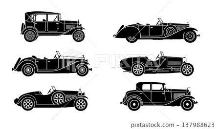 Black Solid Classic Vintage Cars Silhouettes Set of Six on White Background 137988623