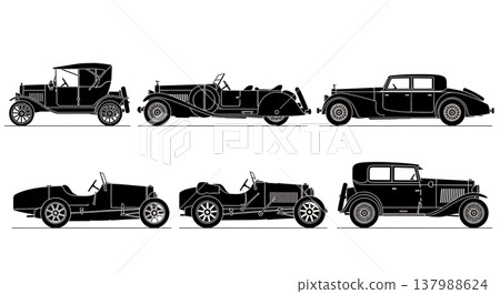 Black Solid Classic Vintage Cars Silhouettes Set of Six on White Background 137988624