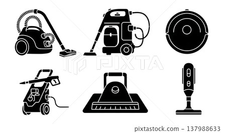 Black Solid Household Cleaning Appliances Silhouettes Set of Six on White Background Black Solid Household Cleaning Appliances Silhouettes Set of Six on White Background 137988633