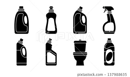 Black Solid Household Cleaning Detergents Silhouettes Set of Six on White Background Black Solid Household Cleaning Detergents Silhouettes Set of Six on White Background 137988635