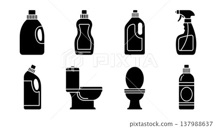 Black Solid Household Cleaning Detergents Silhouettes Set of Six on White Background Black Solid Household Cleaning Detergents Silhouettes Set of Six on White Background 137988637