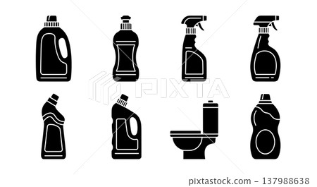 Black Solid Household Cleaning Detergents Silhouettes Set of Six on White Background Black Solid Household Cleaning Detergents Silhouettes Set of Six on White Background 137988638